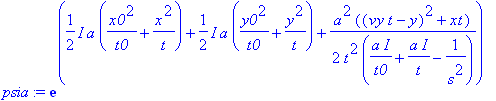 psia := exp(1/2*I*a*(x0^2/t0+x^2/t)+1/2*I*a*(y0^2/t0+y^2/t)+1/2*a^2/t^2*((vy*t-y)^2+xt)/(a/t0*I+a/t*I-1/(s^2)))