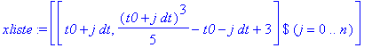 xliste := [`$`([t0+j*dt, 1/5*(t0+j*dt)^3-t0-j*dt+3],j = 0 .. n)]