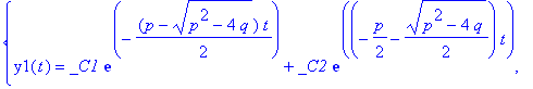 {y1(t) = _C1*exp(-1/2*(p-(p^2-4*q)^(1/2))*t)+_C2*exp((-1/2*p-1/2*(p^2-4*q)^(1/2))*t), y2(t) = _C2*(-1/2*p-1/2*(p^2-4*q)^(1/2))*exp((-1/2*p-1/2*(p^2-4*q)^(1/2))*t)+(-1/2*exp(-1/2*(p-(p^2-4*q)^(1/2))*t)*...
