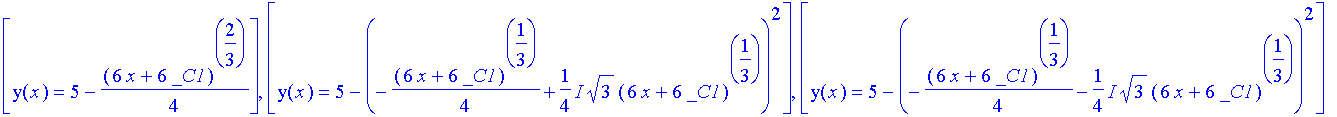 [y(x) = 5-1/4*(6*x+6*_C1)^(2/3)], [y(x) = 5-(-1/4*(6*x+6*_C1)^(1/3)+1/4*I*3^(1/2)*(6*x+6*_C1)^(1/3))^2], [y(x) = 5-(-1/4*(6*x+6*_C1)^(1/3)-1/4*I*3^(1/2)*(6*x+6*_C1)^(1/3))^2]