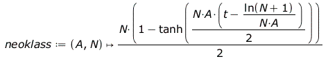 Typesetting:-mprintslash([neoklass := proc (A, N) options operator, arrow; `+`(`*`(`/`(1, 2), `*`(N, `*`(`+`(1, `-`(tanh(`+`(`*`(`/`(1, 2), `*`(N, `*`(A, `*`(`+`(t, `-`(`/`(`*`(ln(`+`(N, 1))), `*`(N, ...